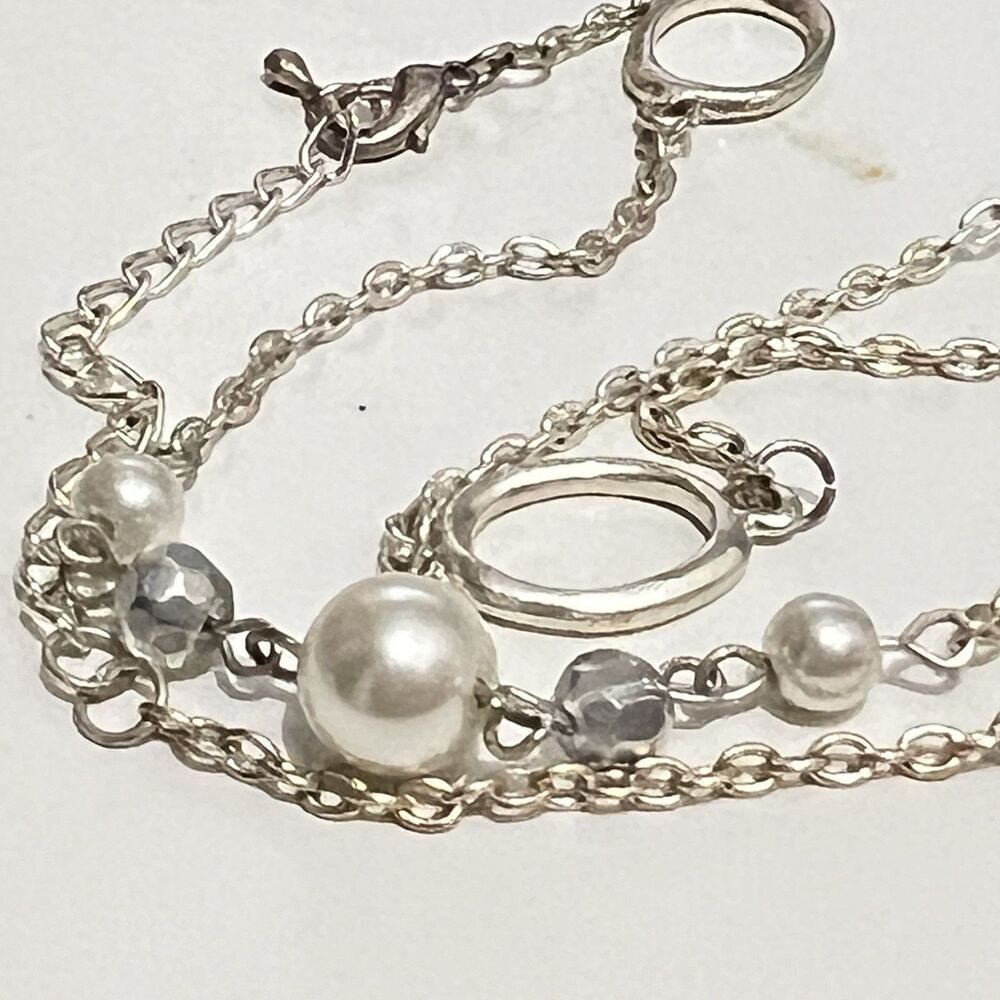 Long 32” Faux Pearl Beaded Chain‎ Silver White Classic Workwear Career Necklace